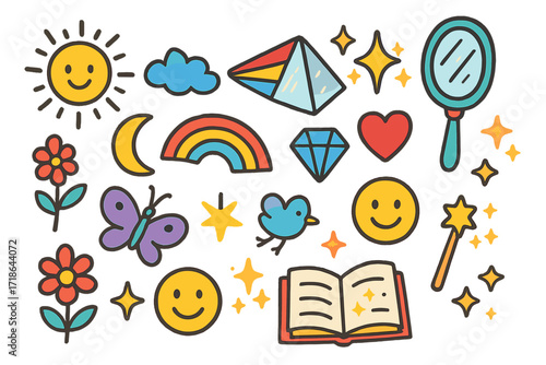 Magical Doodle Wonderland. Colorful Hand-drawn doodle Children illustration Mirror and Light mirror shards, prism rainbow,