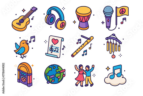 Peaceful Music Icons. Colorful isometric vector icons set of Peace and music: acoustic guitar, peace headphones, djembe drum,