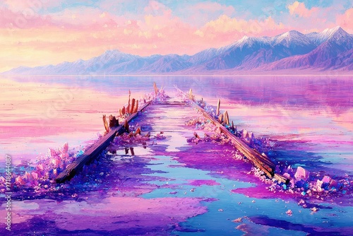 Magical,  pink-purple lake with crystals.  Mountain backdrop