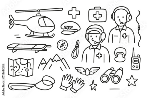 Rescue Helicopter Essentials. Hand-drawn doodle illustration Rescue helicopter pilots [helicopter, stretcher, first aid kit, cross