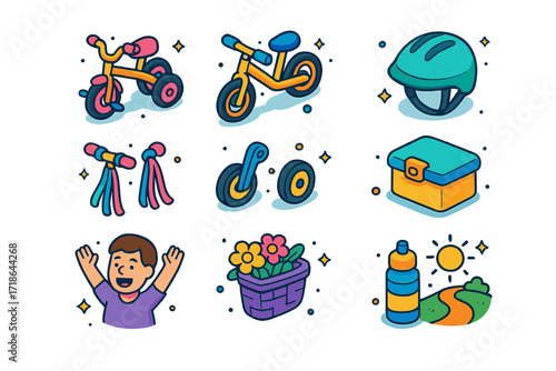 Kids' Cycling Icons. Colorful isometric vector icons set of park cycling for kids: tricycle, balance bike, tiny helmet, handlebar