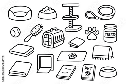 Pet Accessories Doodles. Hand-drawn doodle illustration Tiny living with pets dog bed, food bowl, cat tree, leash, toy ball, brush
