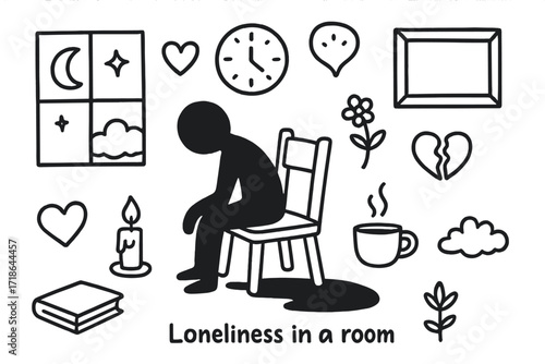 Lonely Room Icons. Hand-drawn doodle illustration Loneliness in a room [single chair, window, moon, star, sparkle, heart, broken
