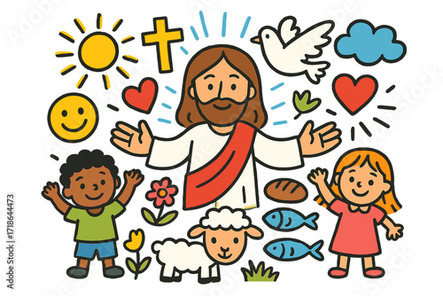 Symbols of Compassion. Jesus' compassion. Colorful Hand-drawn doodle Children illustration Jesus figure, heart, open hands, cross,