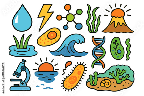Life's Origin Doodle. Colorful Hand-drawn doodle Children illustration Origin of life water droplet, single-cell organism,
