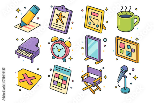 Rehearsal Icon Set. Colorful isometric vector icons set of rehearsal and production process: script highlight pen, choreographer