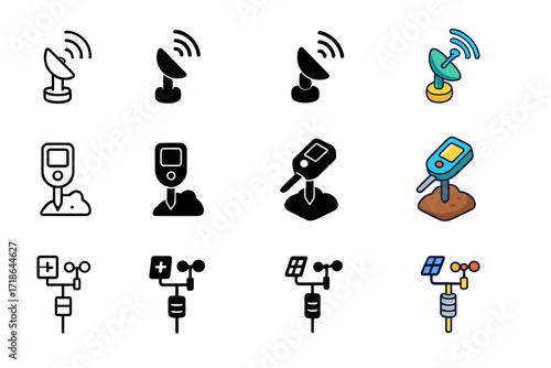 Precision Farming Icons. Icon Set of Precision Farming: GPS antenna, Soil scanner, Automated weather station. Icons set in vector