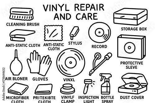 Vinyl Care Essentials. Hand-drawn doodle illustration Vinyl repair and care [cleaning brush, anti-static cloth, turntable mat,