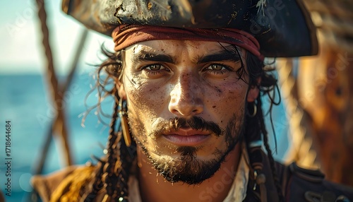 Close-up pirate portrait, intense gaze