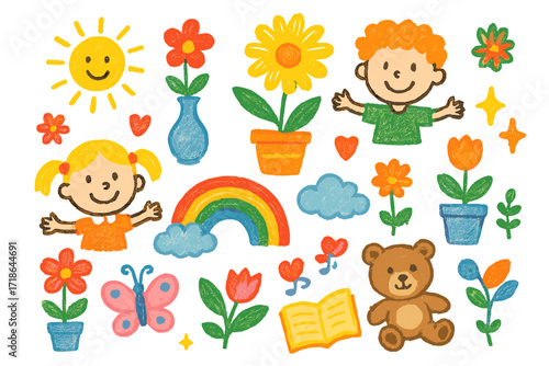 Joyful Doodle Curtains. Colorful Hand-drawn doodle Children illustration Linen Curtains and Flowers linen drapes, vases, flowers,