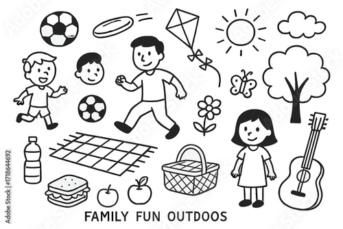 Outdoor Family Picnic Fun. Hand-drawn doodle illustration Family fun outdoors [soccer ball, frisbee, kite, blanket, picnic basket,
