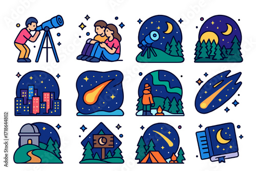 Isometric Night Sky Icons. Colorful isometric vector icons set of night sky observation scenes: person with telescope, stargazing