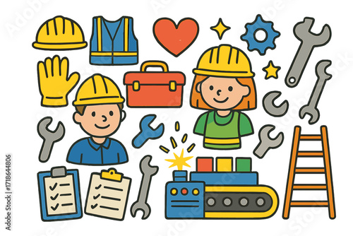 Playful Factory Doodles. Colorful Hand-drawn doodle Children illustration Factory Workers hard hat, gloves, toolbox, conveyor belt