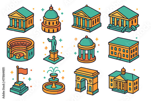 Republic Architecture Icons. Colorful isometric vector icons set of Republic architecture: neoclassical government building, city