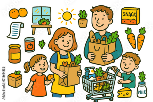 Family Grocery Shopping. Colorful Hand-drawn doodle Children illustration Family grocery day shopping cart, paper bags, oranges,