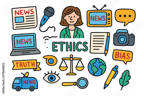 Journalism Doodle Icons. Colorful Hand-drawn doodle Children illustration Journalism ethics and bias [newspaper, microphone, TV