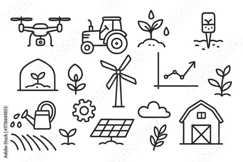 Agricultural Innovation Icons. Hand-drawn doodle illustration Agricultural innovation drone, tractor, plant, soil sensor,
