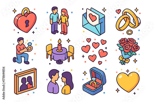 Love Icons Collection. Colorful isometric vector icons set of love and engagement: heart locket, couple holding hands, love note,
