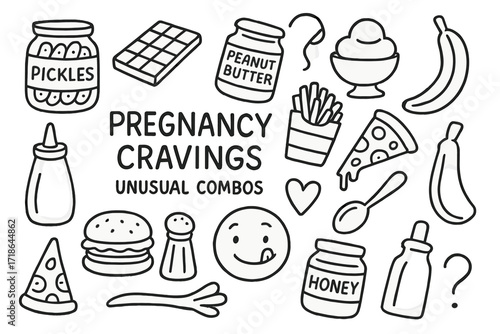 Pregnancy Cravings Doodle. Hand-drawn doodle illustration Pregnancy cravings unusual combos [pickle jar, chocolate bar, peanut