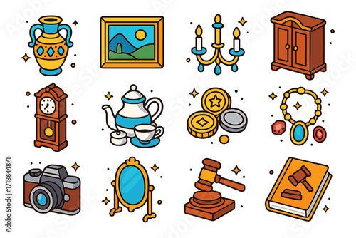 Estate Auction Icons. Colorful isometric vector icons set of estate sale and auction items: antique vase, classic painting,