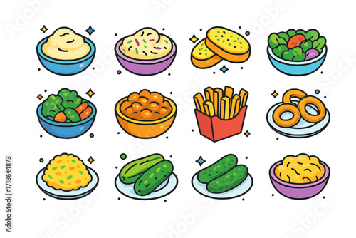 Colorful Side Dishes. Colorful isometric vector icons set of side dishes: mashed potatoes, coleslaw, garlic bread, side salad,