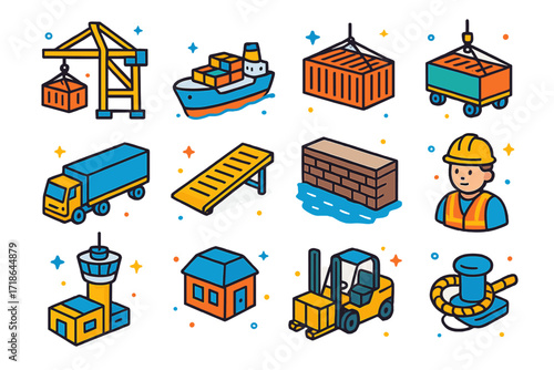 Port Infrastructure Icons. Colorful isometric vector icons set of port infrastructure: container crane, cargo ship, shipping