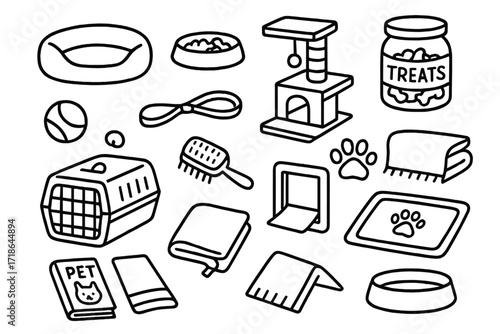 Pet Accessories Doodles. Hand-drawn doodle illustration Tiny living with pets dog bed, food bowl, cat tree, leash, toy ball, brush