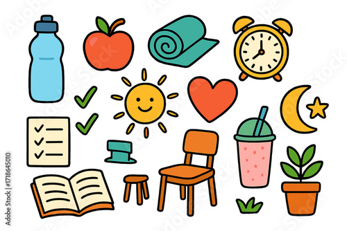 Healthy Living Icons. Healthy habits. Colorful Hand-drawn doodle Children illustration water bottle, apple, yoga mat, clock,