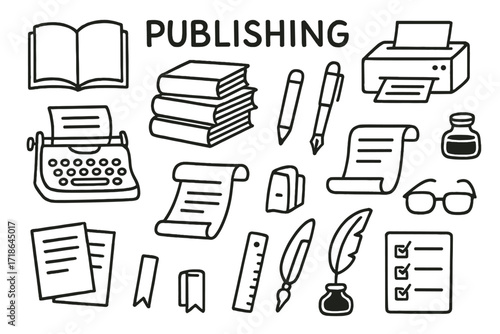 Publishing Tools Doodle. Publishing. Hand-drawn doodle illustration open book, stack of books, printer, typewriter, scroll, ink