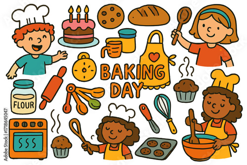 Baking Day Doodle. Colorful Hand-drawn doodle Children illustration Baking Day oven, cake, cookie, bread, flour jar, rolling pin,