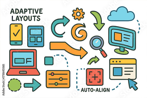 Colorful Technology Doodles. Colorful Hand-drawn doodle Children illustration Adaptive Layouts flexible grid, resizing screen,