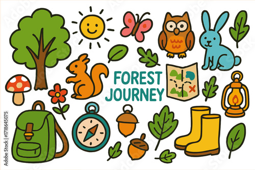 Forest Adventure Doodles. Colorful Hand-drawn doodle Children illustration Forest Journey [tree, mushroom, squirrel, owl, rabbit,