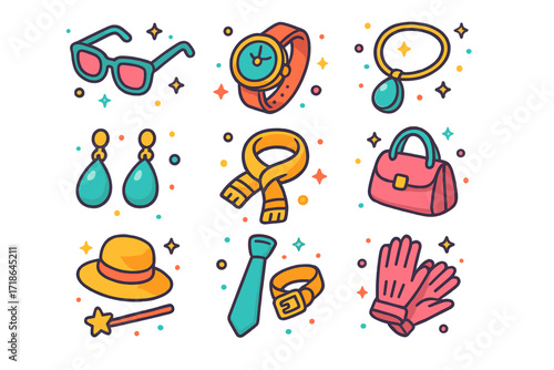 Colorful Accessory Icons. Accessories. Colorful isometric vector icons set of accessories: sunglasses, wristwatch, necklace,