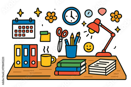 Colorful Desk Doodles. Colorful Hand-drawn doodle Children illustration Desk Organization tidy desk, folders, sticky notes, pencil