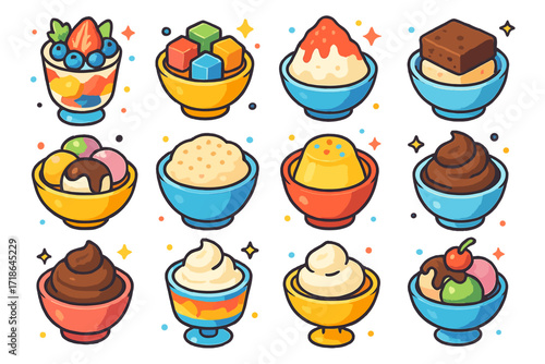 Colorful Dessert Icons. Colorful isometric vector icons set of dessert bowls and treats: fruit parfait bowl, jelly cubes bowl,