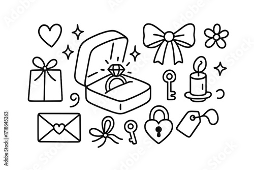 Hidden Ring Surprise. Hand-drawn doodle illustration Hidden ring in a box [ring, jewelry box, heart, sparkle, bow, ribbon, flower,