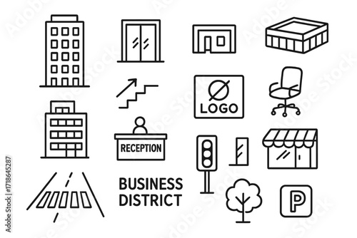 Business District Doodle. Hand-drawn doodle illustration Business district buildings office tower, sliding doors, reception desk,