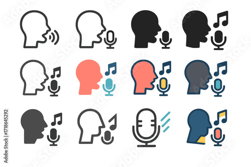 Music Control Logos. Set Logo of Voice-Controlling Music: Speech Recognition Icon. Logo set in vector style, emblematic variations
