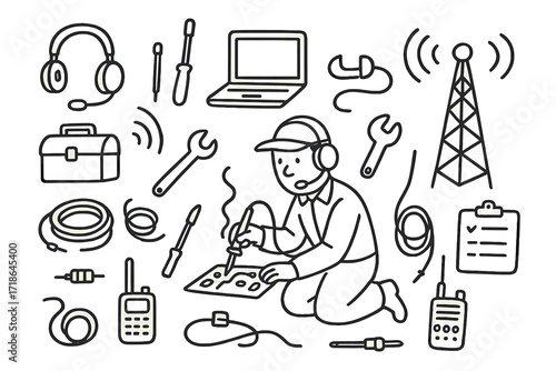 Radio Technician Doodle. Hand-drawn doodle illustration Radio technician working radio tower, headset, antenna, toolbox, wire,