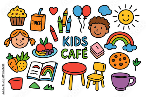 Kids Café Fun. Colorful Hand-drawn doodle Children illustration Kids café cupcakes, juice box, smiling kids, crayons, coloring