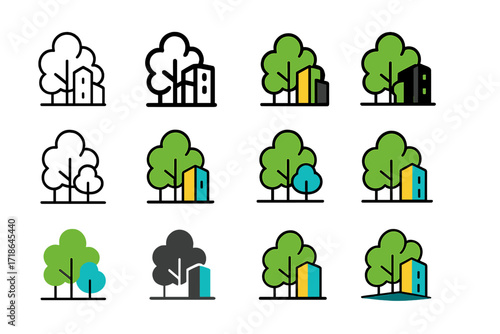 Urban Green Logos. Set Logo of Urban Green Spaces: Urban Forest Patch. Logo set in vector style, emblematic variations. line, bold