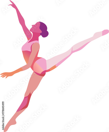 A woman in pink and purple attire performs a split, showcasing her flexibility and strength.

