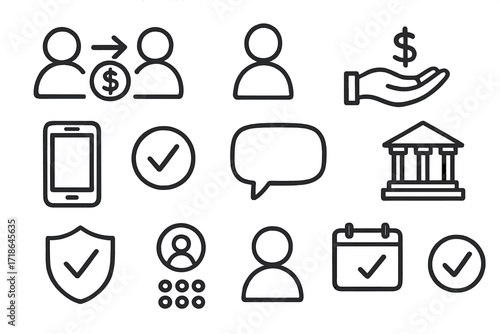 Payment Icons Doodle. Hand-drawn doodle illustration Peer-to-peer payment send icon, receive icon, person avatar, dollar sign,