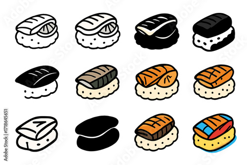 Fish and Rice Logos. Set Logo of Fish and Rice: Grilled Mackerel with Lemon on Rice. Logo set in vector style, emblematic