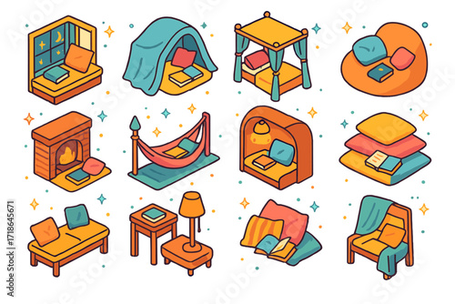 Cozy Reading Icons. Colorful isometric vector icons set of cozy bedtime reading spots: cushioned window seat, blanket fort, canopy