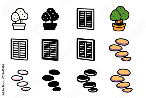 Garden Icon Set. Icon Set of Garden connection: potted trees, sliding shutters, stepping stones. Icons set in vector style,