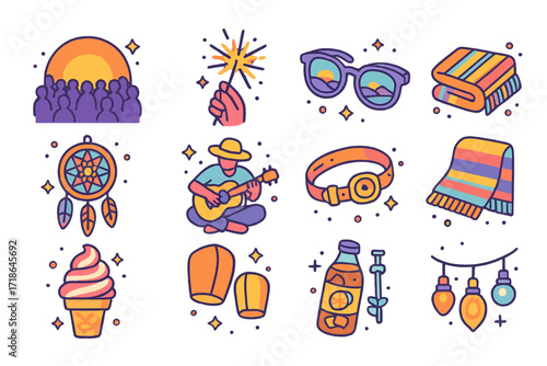Sunset Festival Vibes Icons. Colorful isometric vector icons set of sunset festival vibes: glowing sunset, silhouette crowd,