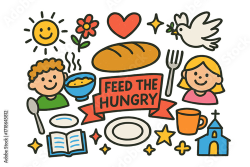 Feeding the Hungry Doodles. Colorful Hand-drawn doodle Children illustration Feeding the Hungry loaf of bread, bowl of soup, spoon