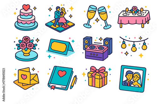 Wedding Icon Set. Colorful isometric vector icons set of wedding reception: wedding cake, dance floor, champagne glasses, banquet