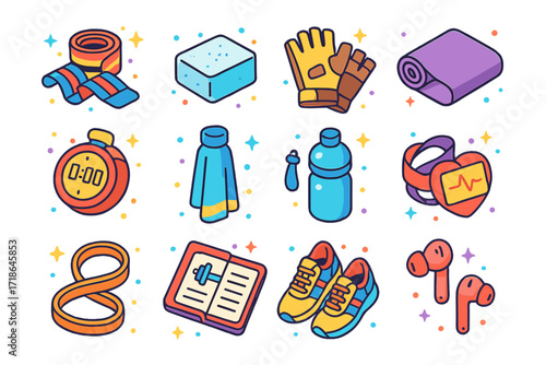 Kettlebell Training Icons. Colorful isometric vector icons set of kettlebell training gear: wrist wraps, chalk block, lifting